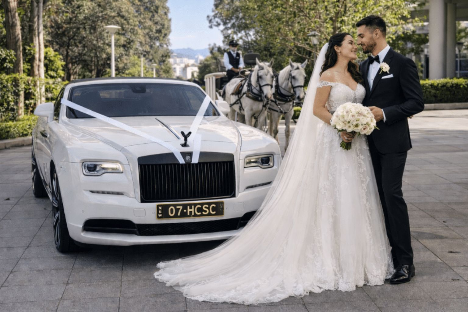 White Rolls-Royce wedding car beside horse carriage in Sydney